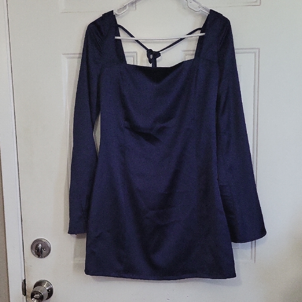 wild fable Navy Long-Sleeve Satin Mini Dress with Back Tie